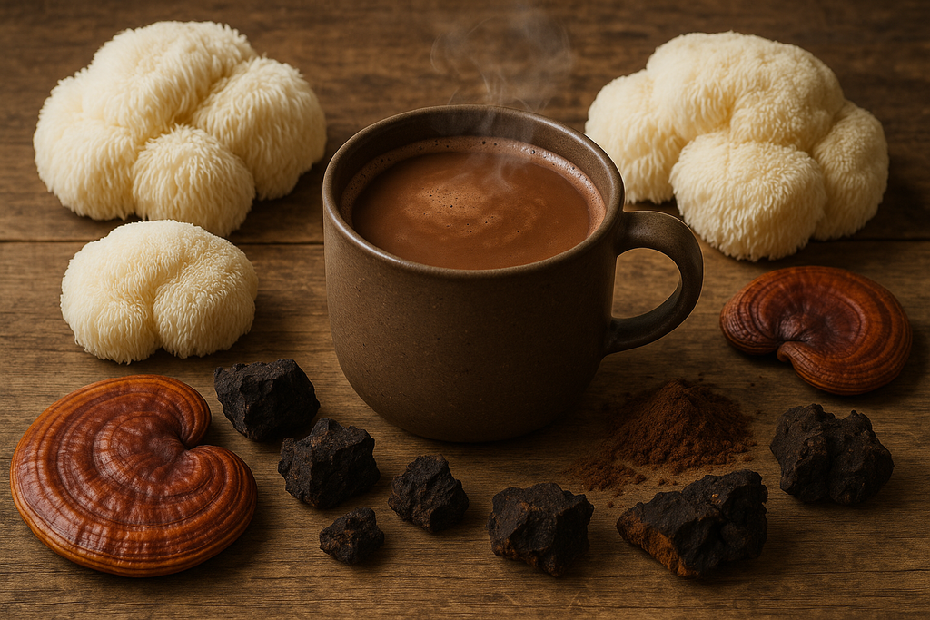 chocolate drink surrounded by lions mane, reishi, and chaga mushroom